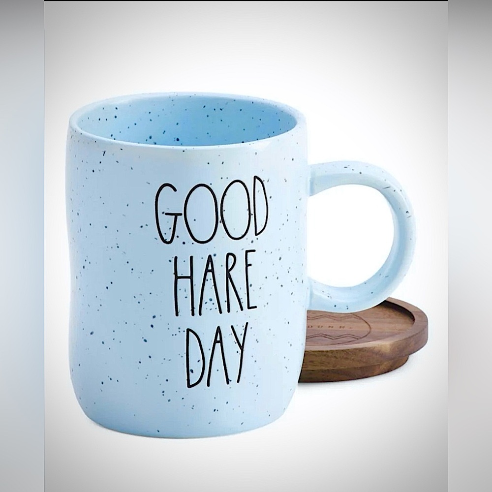 Rae Dunn Easter "GOOD HARE DAY" Blue Coffee/Tea Mug Cup w/lid LIKE NEW UN-USED!